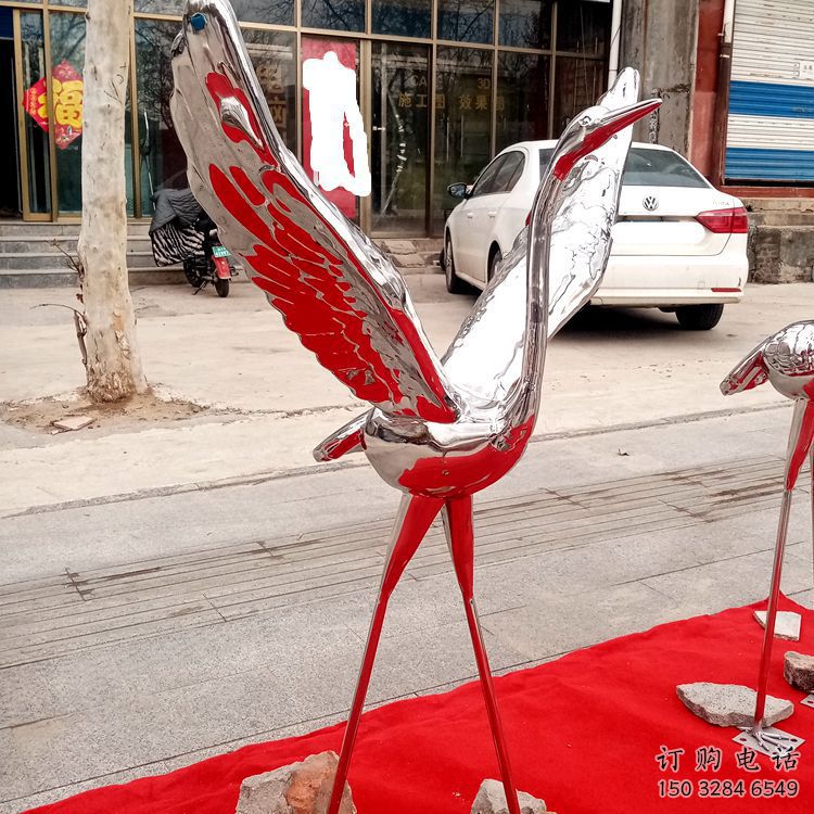 幾何仙鶴雕塑廠家 中式抽象擺件 戶外鏡面仙鶴雕塑