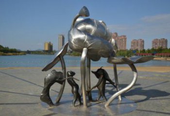建鄴蓮蓬嬉戲雕塑,城市植物景觀雕塑,不銹鋼鏡面效果